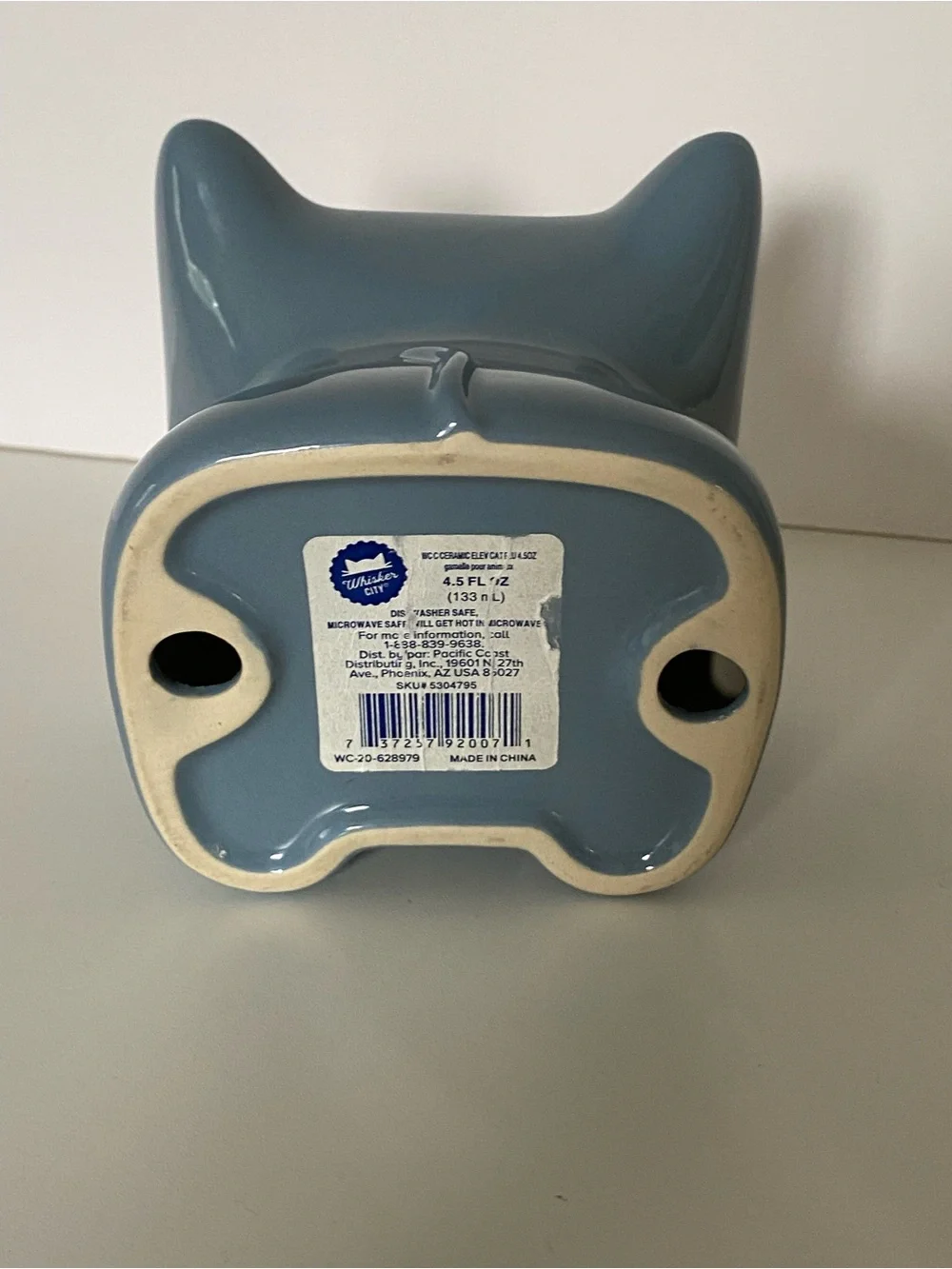 Whisker City Elevated Cat Bowl Ceramic Blue Gray EUC Kitty Face Shape 4” Tall.